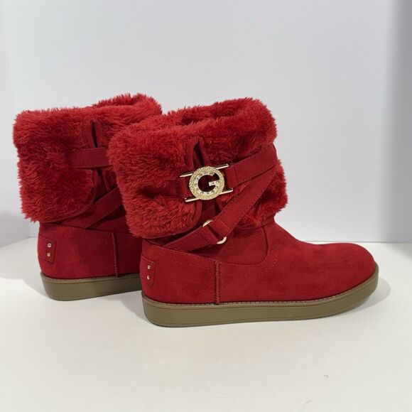 G by GUESS GALLIO RED FAUX FUR SLIP ON ANKLE BOOTS BOOTIE Women’s Size 5.5M - Picture 4 of 16